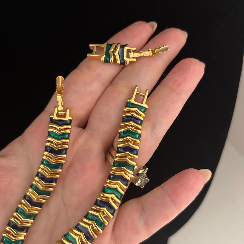 D’ORLAN 2 Clasp! Adjustable Elegant Gold, Emerald Green & Navy Necklace - Picture 6 of 15